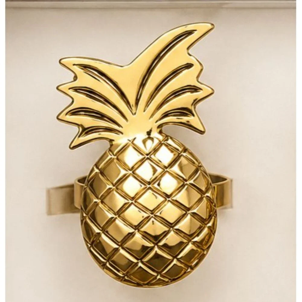 Pineapple Napkin Rings Set of 4 Gold Tone Coastal Beach Summer Cottage Decor